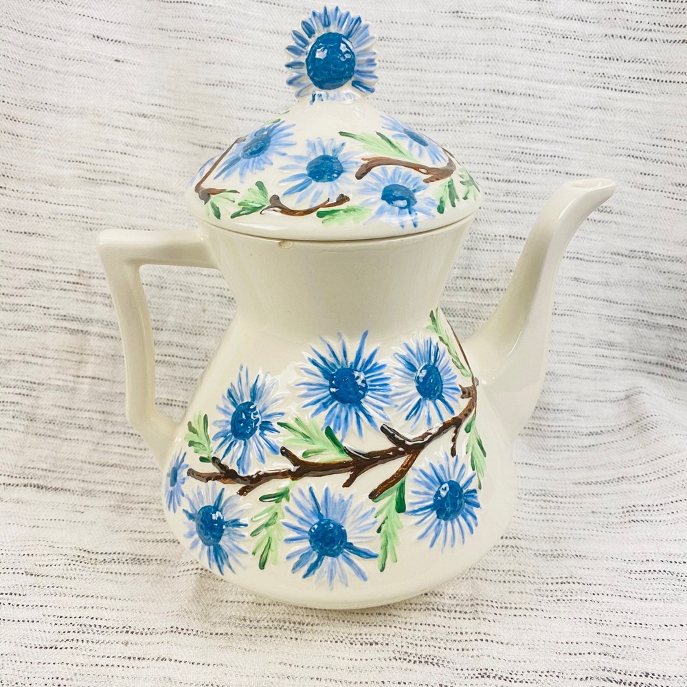 Vintage Ceramic Tea Coffee‎ Pot Handpainted Blue Flowers Cottagecore Farmhouse